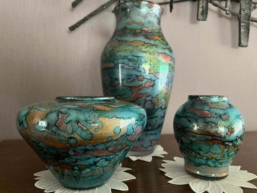 Set van 3 gelakte glazen vazen Jean-Noël Bouillet., Ophalen, Zo goed als nieuw, Overige kleuren, Glas