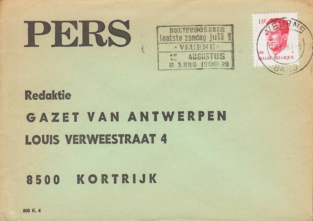 1986 - BELGIQUE - Enveloppe Roi Baudouin [Y&T 2202] + VEURNE, Oblitéré, Chefs d'Etat, Affranchi, Avec enveloppe