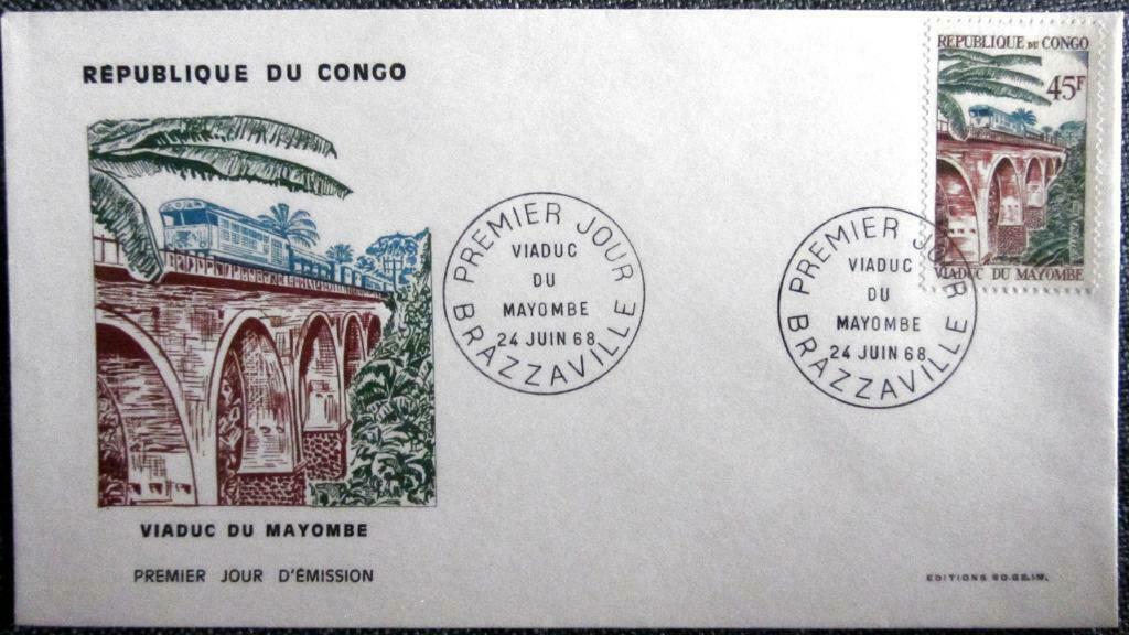 FDC-VERVOERMIDDELEN-TRAM-TREIN-AUTO-KOETS-FIETS-REP. CONGO, Ophalen of Verzenden, Gestempeld, Treinen