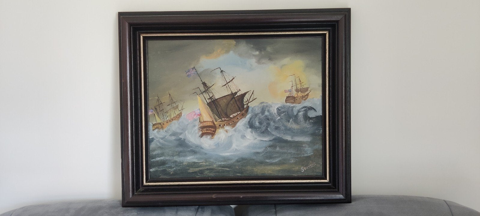 Maritiem olieverfschilderij 64x54cm – (Geudens Emile?), Antiek en Kunst, Ophalen, Doek, Bijzondere lijst, Olieverf