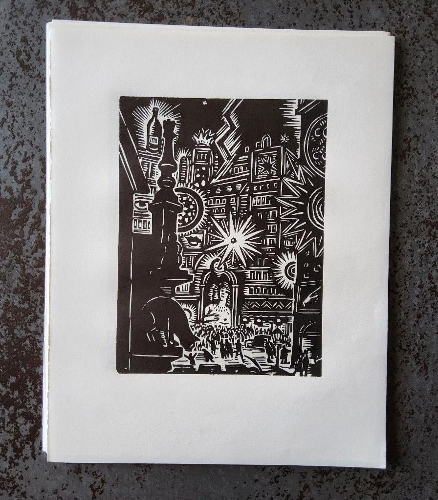 Houtsnede De Brouckèreplaats Brussel door Frans Masereel, Antiek en Kunst, 1950 - 1999, 19 cm, Architectuur, Ophalen of Verzenden