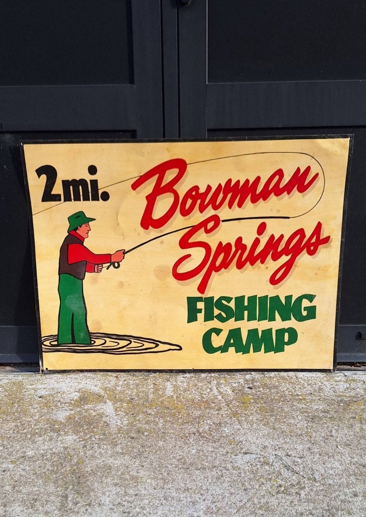 Origineel USA reclamebord Bowman Springs Fishing Camp🎣, Verzamelen, Ophalen, Gebruikt, Reclamebord