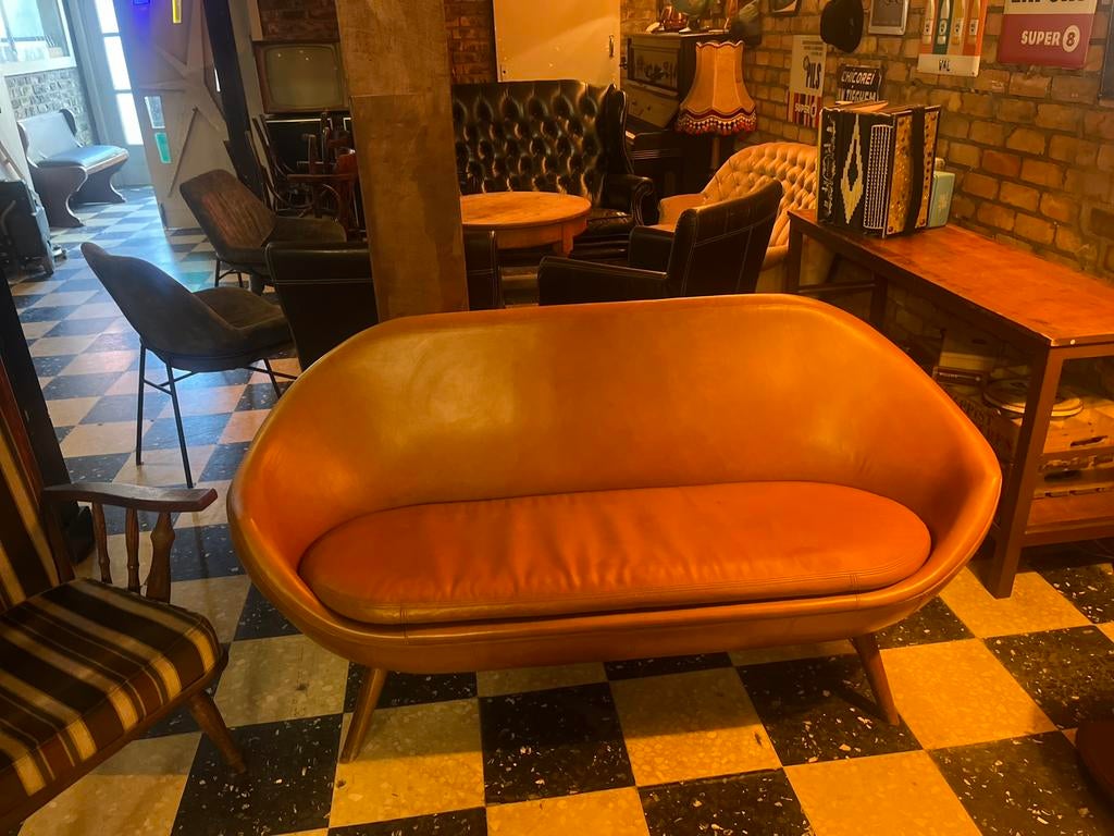 Cognac leren tweezit – vintage look, Ophalen, Gebruikt, Tweepersoons, Leer