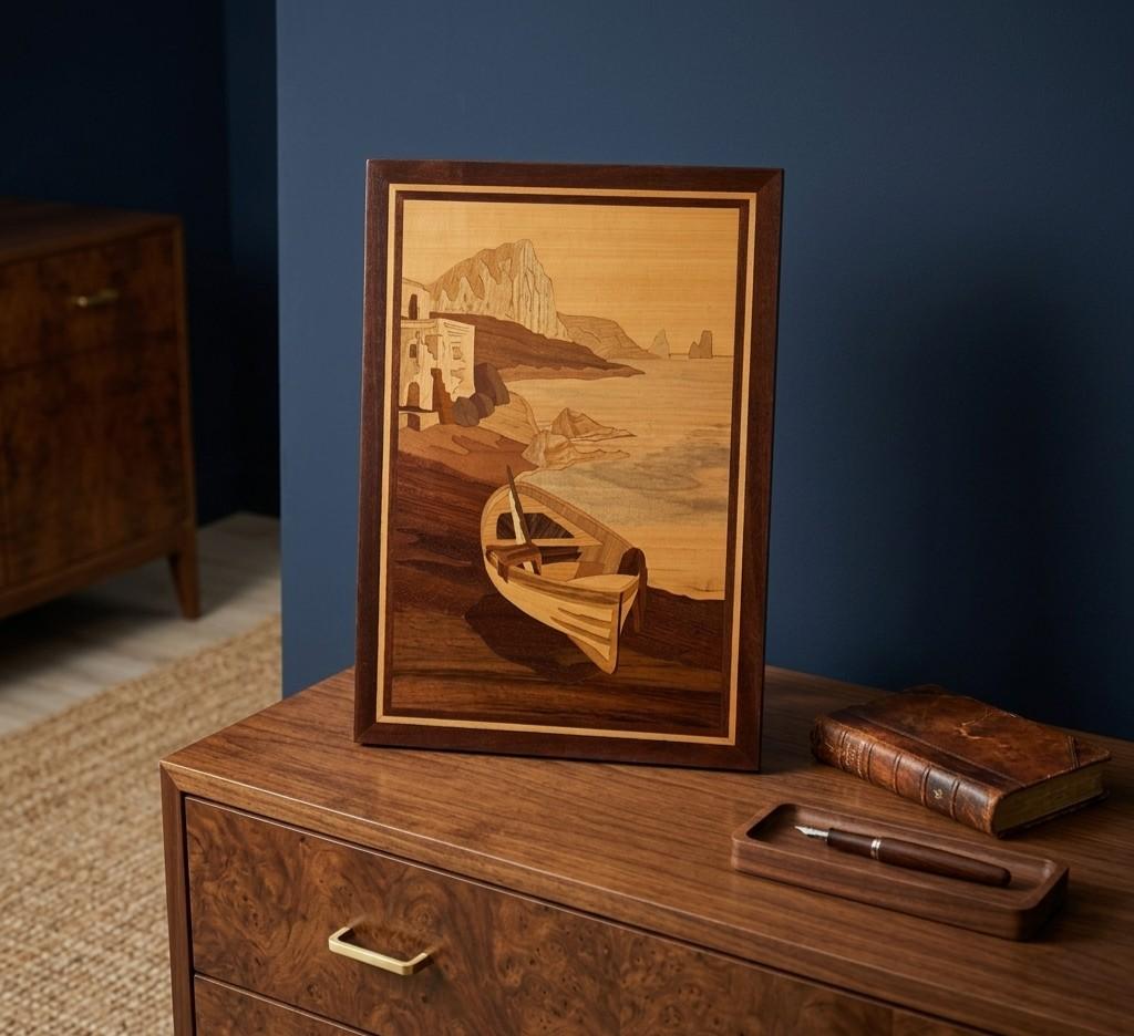 Tableau bois marqueterie décor bateau mer paysage, Antiquités & Art, Art | Peinture | Classique, Enlèvement ou Envoi
