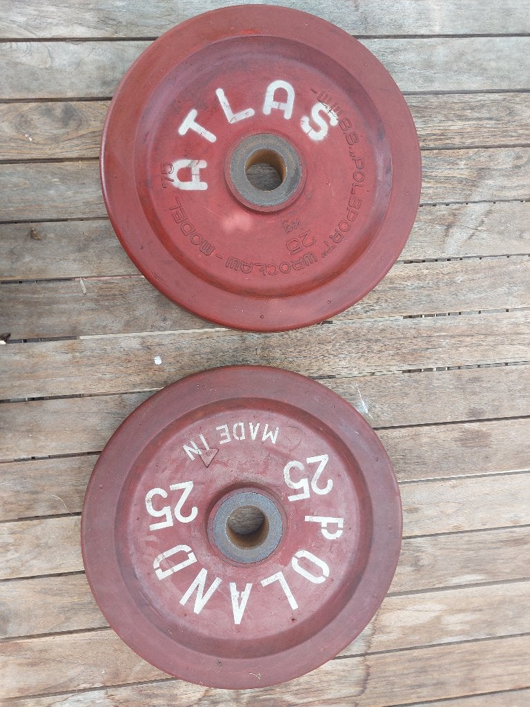 2 disques en fonte 25 kg ATLAS (Polsport Vintage), Sport en Fitness, Fitnessmaterialen, Ophalen, Gebruikt, Armen, Dumbbell
