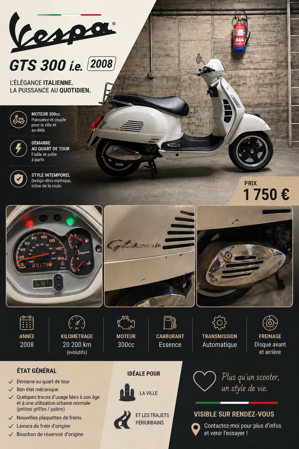 Vespa GTS 300 ie - 2008 - 20.200 km - Piaggio, 278 cm³, Scooter, Occasion, Particulier