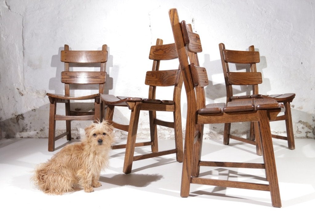 Set van 4 brutalist eiken ladderback stoelen - jaren 70, Antiek en Kunst, Ophalen