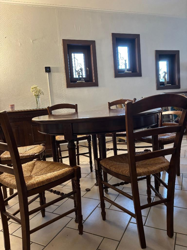 tafel + 6 stoelen met rieten zitting, Huis en Inrichting, Tafels | Eettafels, Ophalen, Gebruikt, Overige materialen, Rond