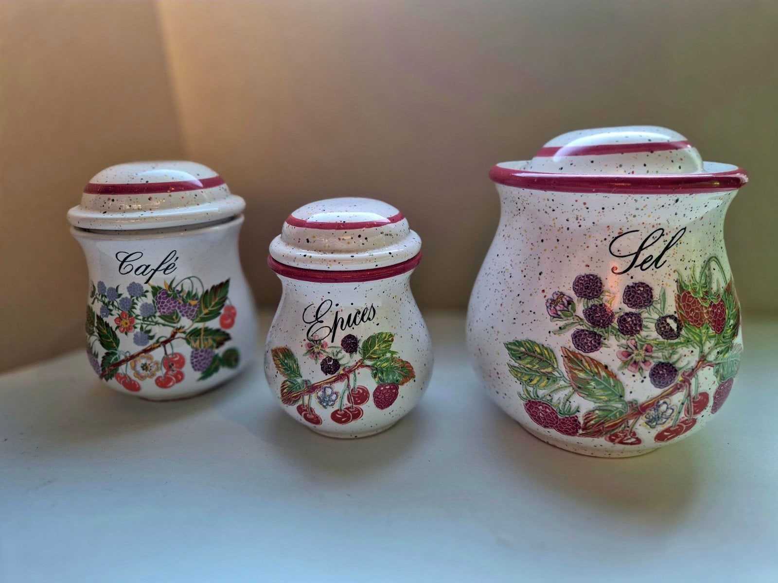 Vintage keramische voorraadpotten set 3 stuks – Sel Café Ép, Antiquités & Art, Antiquités | Céramique & Poterie, Enlèvement ou Envoi
