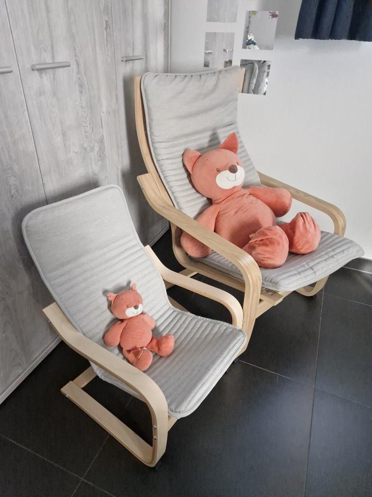 IKEA POÄNG Fauteuil + Kinderfauteuil set - Oosterzele, Ophalen, Zo goed als nieuw, Stof, 50 tot 75 cm