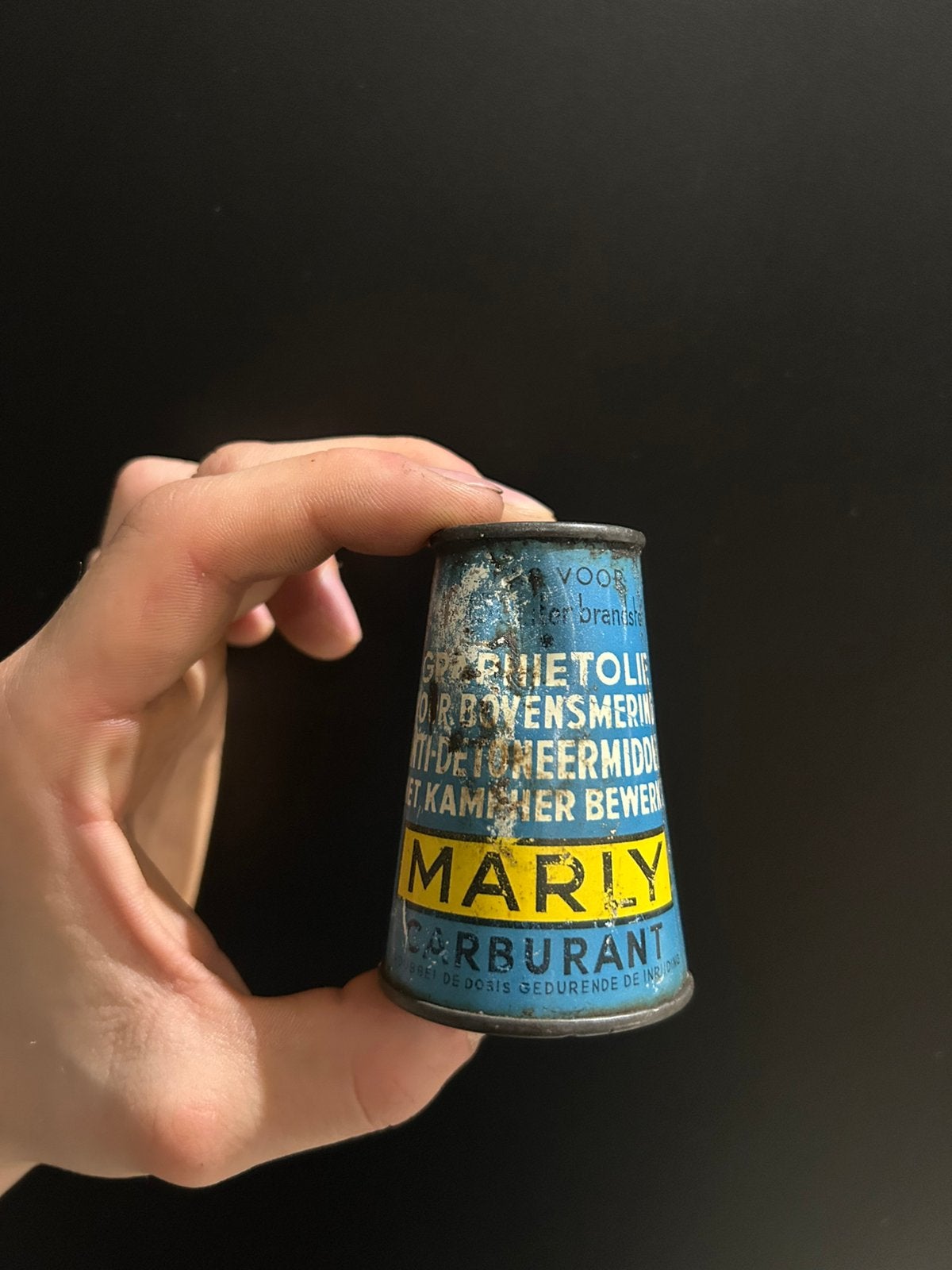 Kleine conische Marly olie blik olieblik oliekan vintage, Verzamelen, Ophalen of Verzenden, Zo goed als nieuw