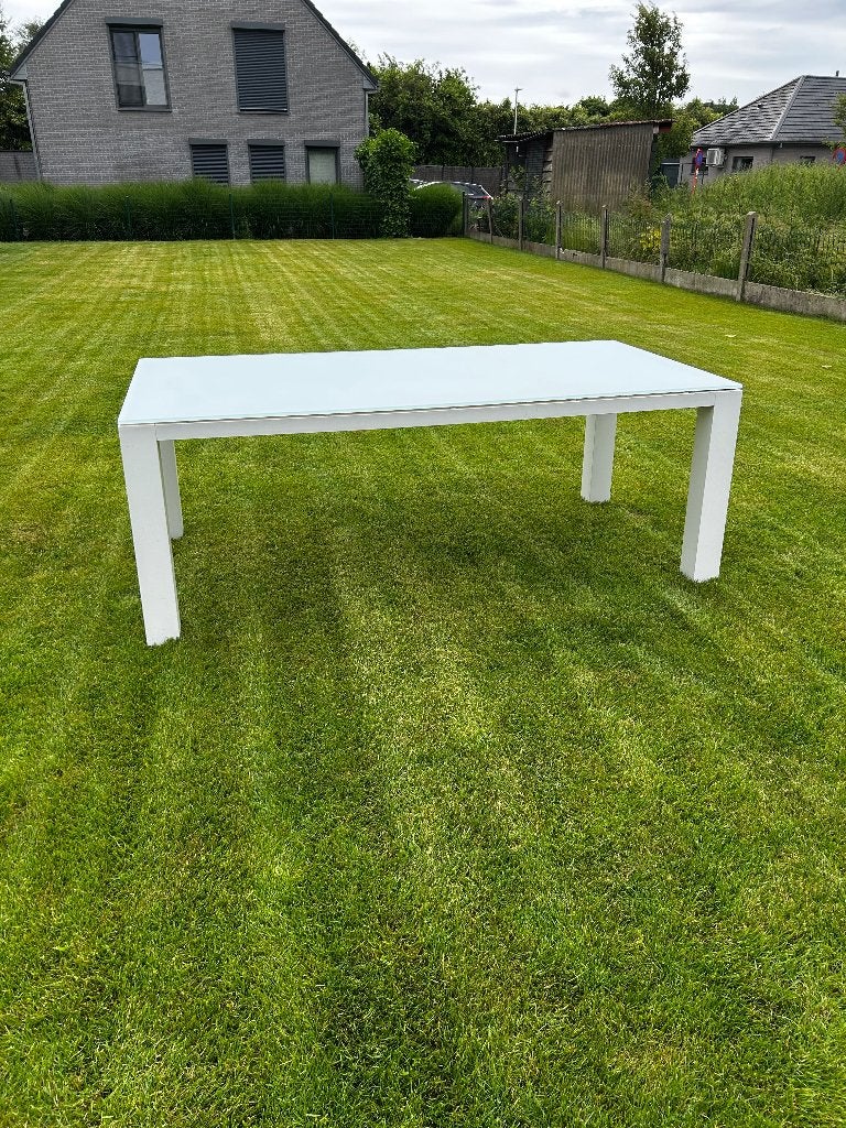 Buitentafel met glazen blad, Ophalen, Zo goed als nieuw, Rechthoekig, Overige materialen