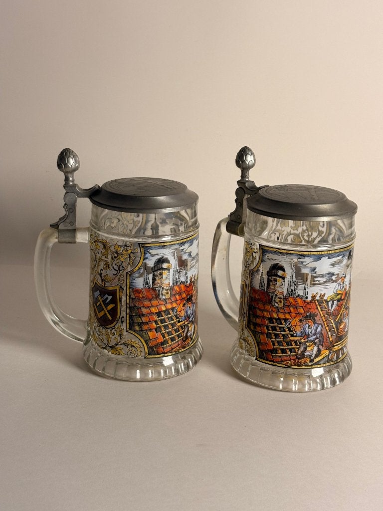 Paar bierpullen met tinnen deksels, Ophalen of Verzenden