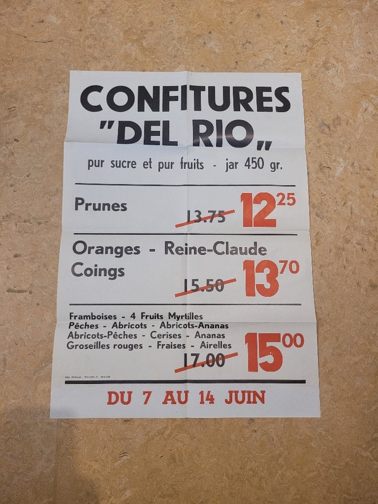 ancienne publicité Delhaize Confiture Del Rio 1958, Enlèvement ou Envoi, Utilisé, Panneau publicitaire