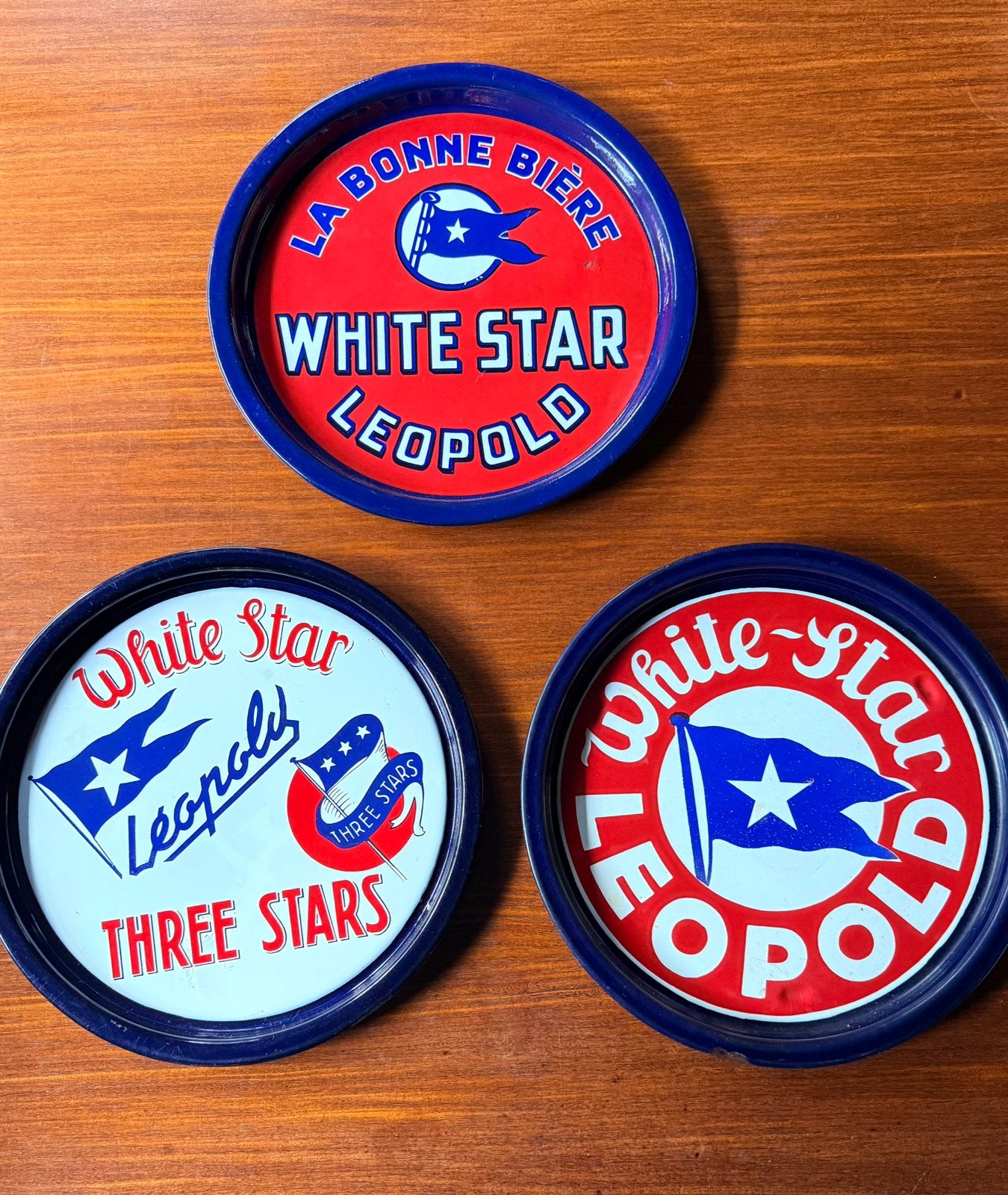3 x Emaille plateaus LEOPOLD White Star bier, Ophalen of Verzenden, Zo goed als nieuw, Reclamebord