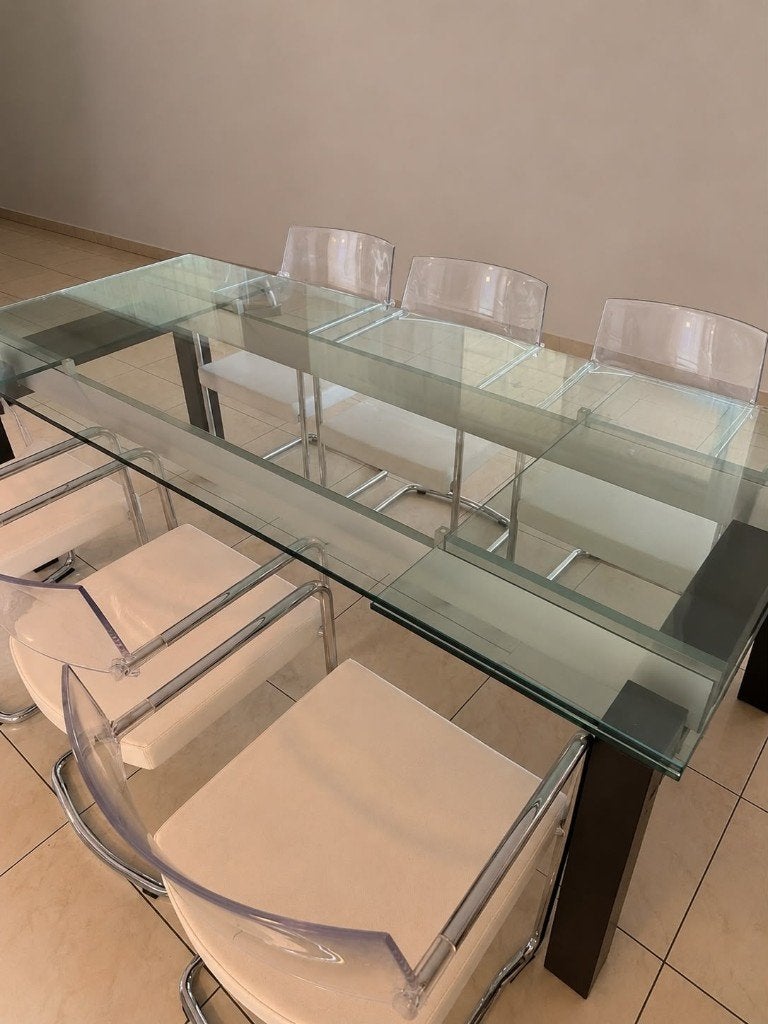 Table en verre DESIGN + 6 chaises, Huis en Inrichting, Tafels | Eettafels, Zo goed als nieuw, 50 tot 100 cm, 200 cm of meer, Vijf personen of meer