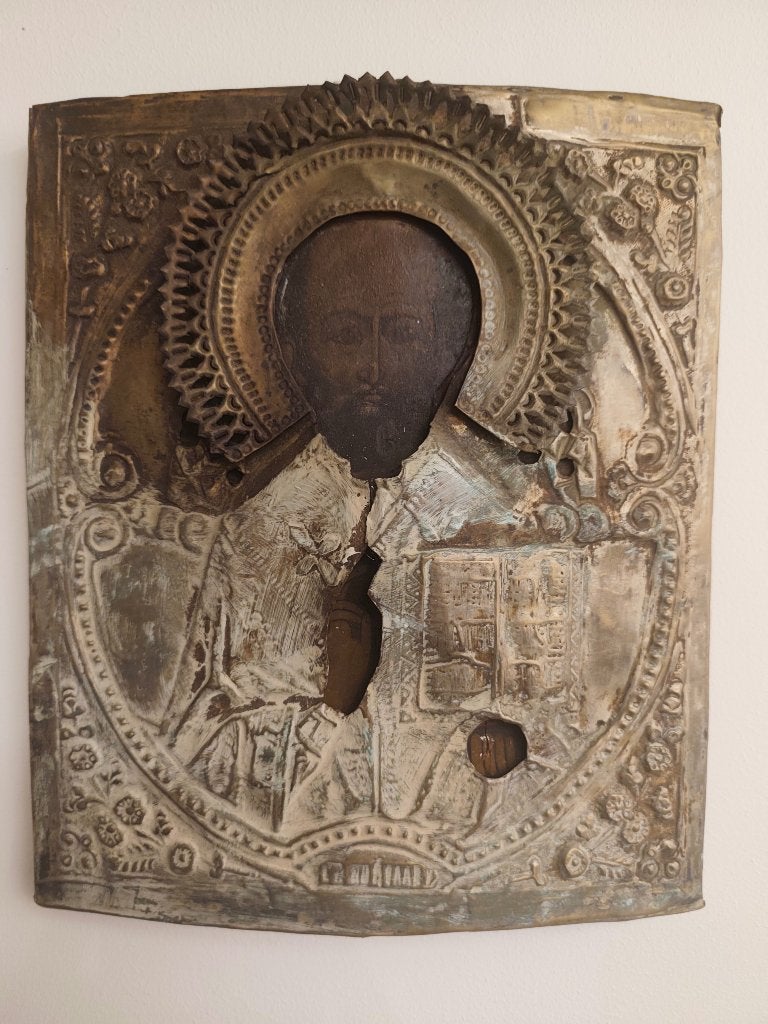 Russische Icoon Sint-Nicolaas met Metalen Oklad (19e Eeuw), Ophalen