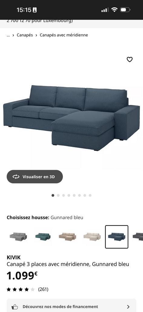 Canape d’angle Kivik de Ikea. 3 places + meridienne Bleu, Ophalen, Zo goed als nieuw, Blauw