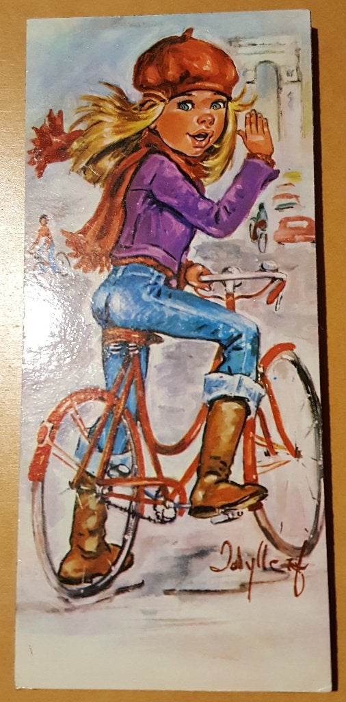 Impression vintage Idylle Falconi / Jolylle - Fille vélo, Autres types, Enlèvement ou Envoi, Vintage, Multicolore