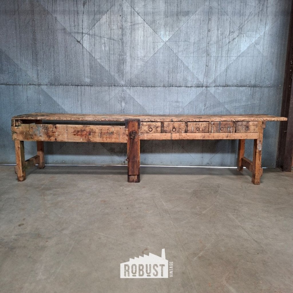 Houten werkbank | industriële tafel | kookeiland | toonbank, Ophalen of Verzenden, Gebruikt, 170 cm of meer, Bankschroef