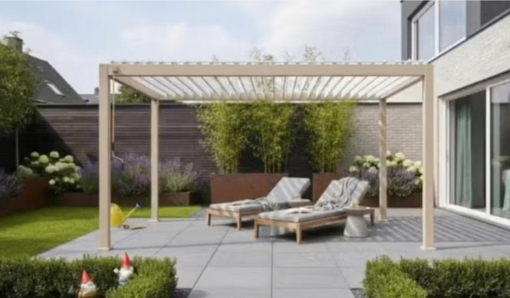 Bioklimatische pergola houtlook en wit 4 x3m, Tuin en Terras, Ophalen, Gebruikt