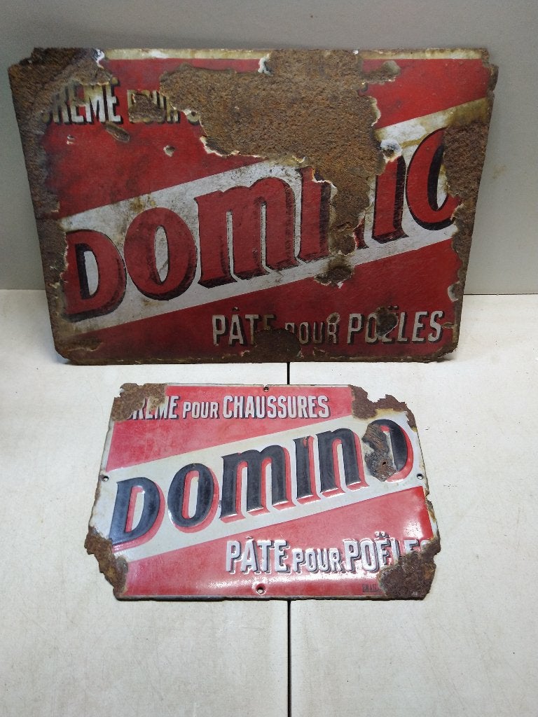 Lot de 2 plaque émaillée DOMINO pâte pour poêle, Enlèvement ou Envoi, Utilisé, Panneau publicitaire