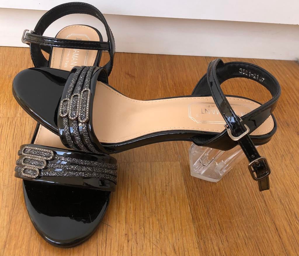Black Patent Heeled Sandals | Clear Block Heel | Size 37 |, Sport en Fitness, Ophalen of Verzenden, Zo goed als nieuw