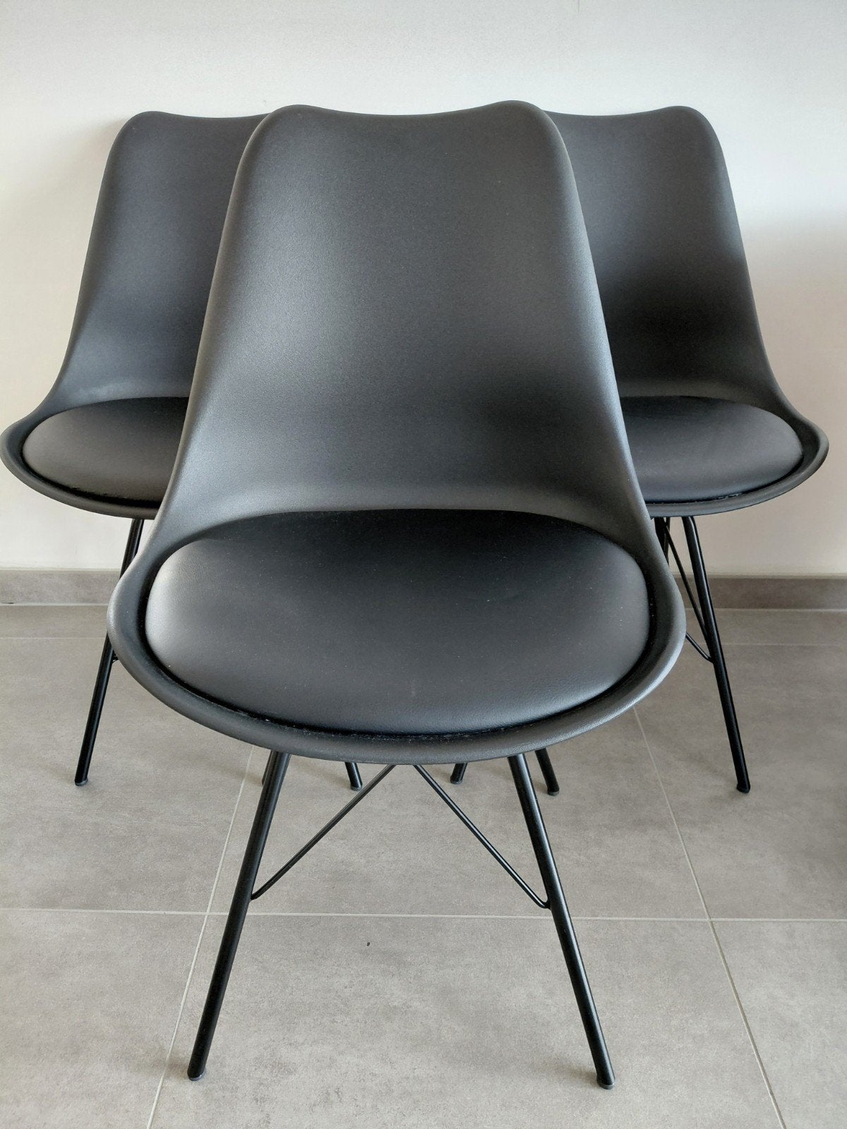3 Zwarte eetkamerstoelen met geometrisch design, Trois, Synthétique, Enlèvement, Utilisé