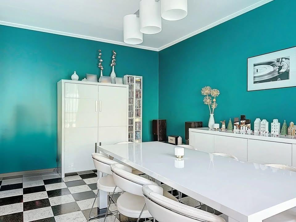 210* 90 cm wit tafel + 6 witte leren stoelen Calligaris, Huis en Inrichting, Stoelen, Ophalen, Gebruikt, Wit, Leer
