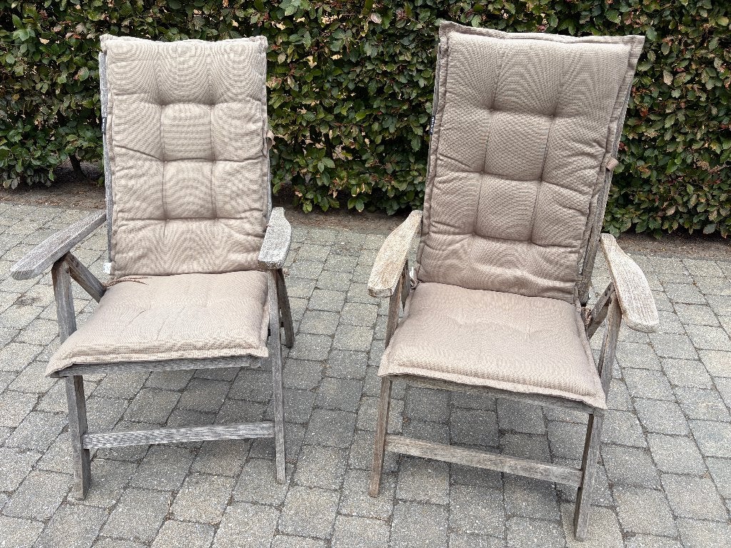 2 verstelbare tuinstoelen teak met stevige kussens, Jardin & Terrasse, Chaises de jardin, Enlèvement, Utilisé, Bois, Pliant