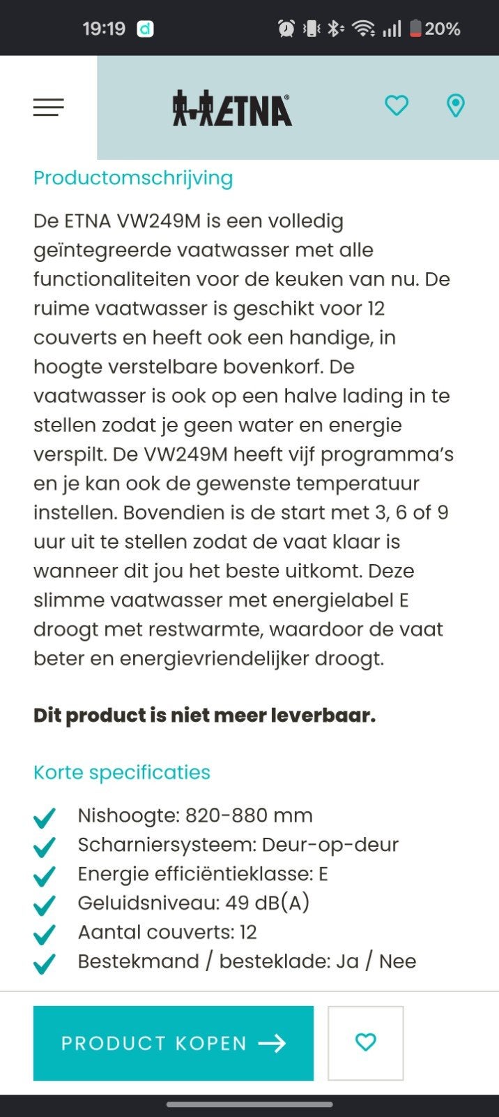 Etna vaatwasser, Elektronische apparatuur, Vaatwasmachines, Ophalen, Gebruikt, Inbouw, 85 tot 90 cm