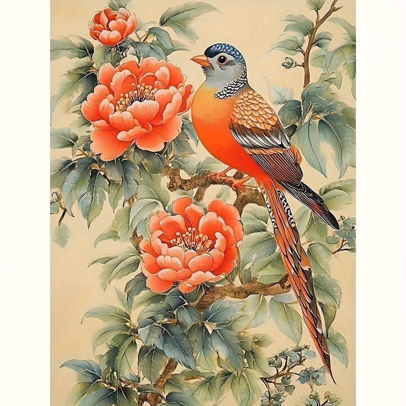 Peinture au diamant 50x40cm Oiseau sur branche (carré) n 6, Hobby & Loisirs créatifs, Neuf, Orange, Autocollant, Silhouette
