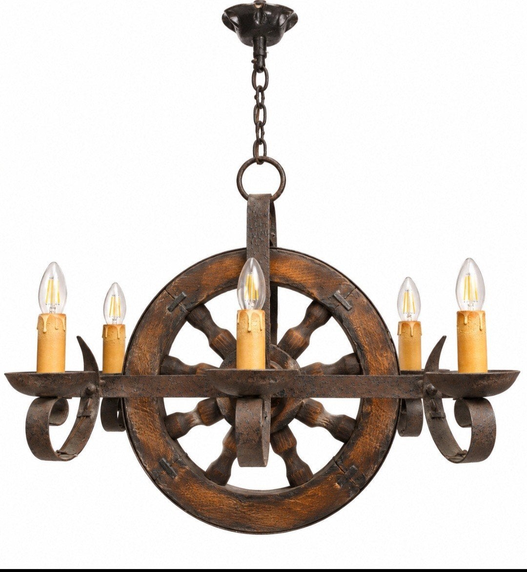 Zware vintage smeedijzeren luchter – wagenwiel – 6 lichtpunt, Ophalen, Gebruikt, Hout