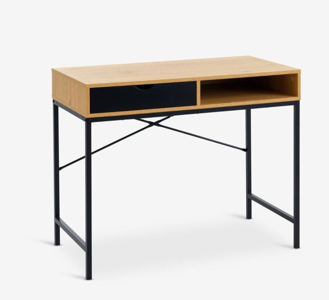 Modern bureau met lade – hout & zwart, Maison & Meubles, Bureaux, 48 cm, Comme neuf, Enlèvement, Brun