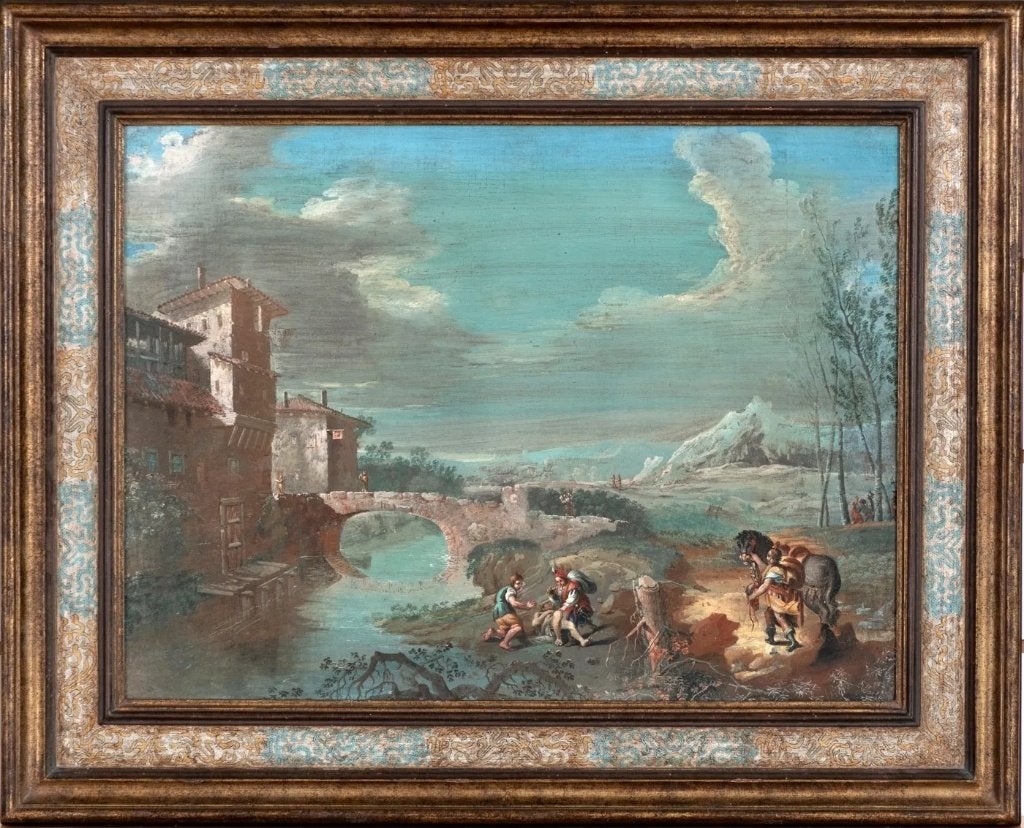 Giovanni Battista Cimaroli(1687–1771)Antiek schilderij op do, Antiek en Kunst, Ophalen, Doek, Landschap, Olieverf