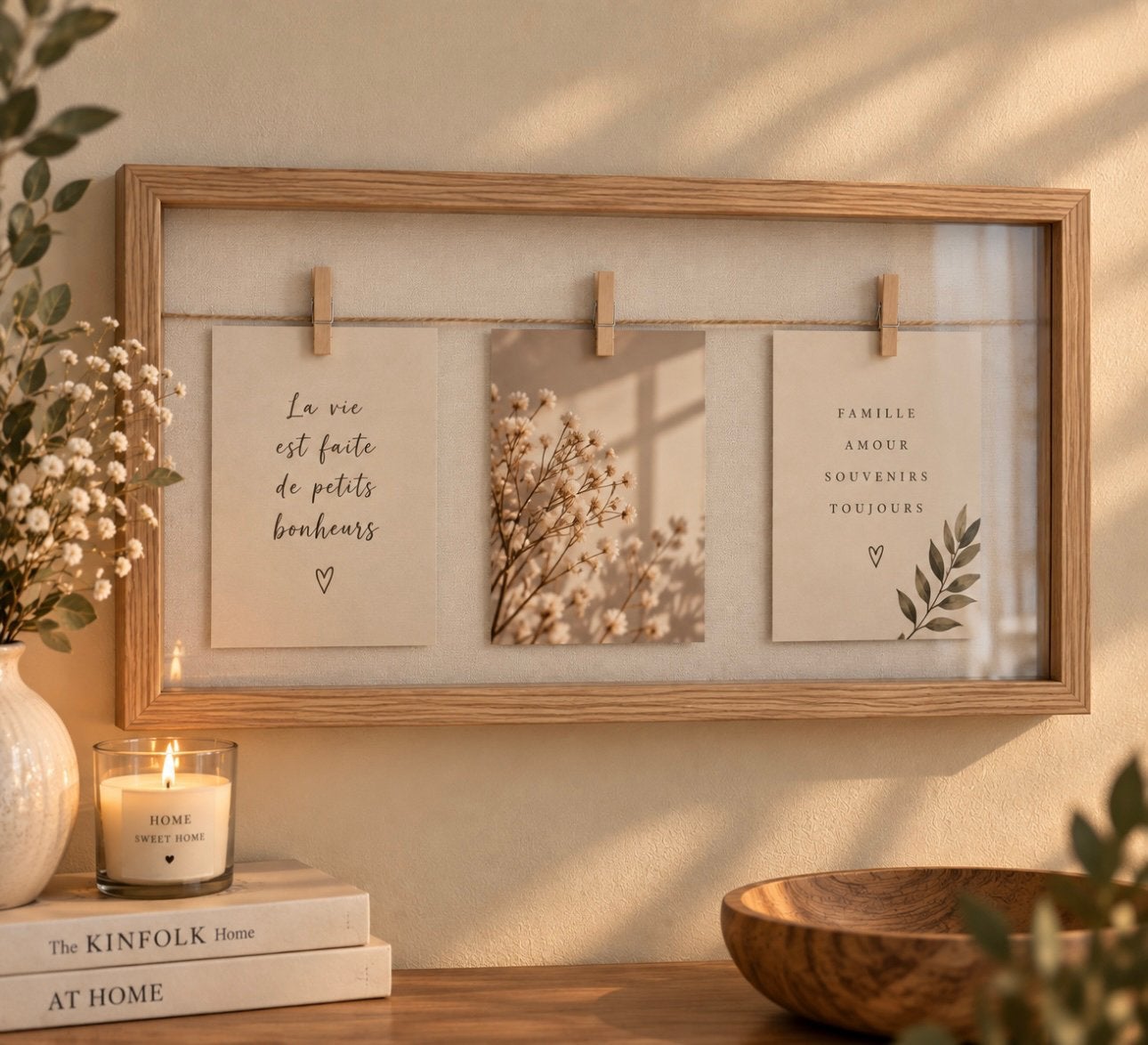 Cadre vitrine effet bois personnalisé avec ficelle & pinces, Enlèvement, Comme neuf