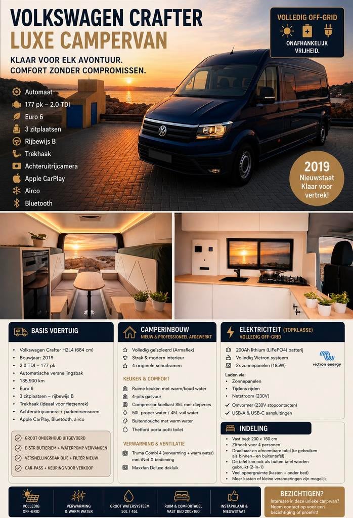 Vw crafter•off-grid•automaat•bed 160x200•euro 6•car-pass, Volkswagen, 5 à 6 mètres, Diesel, Automatique