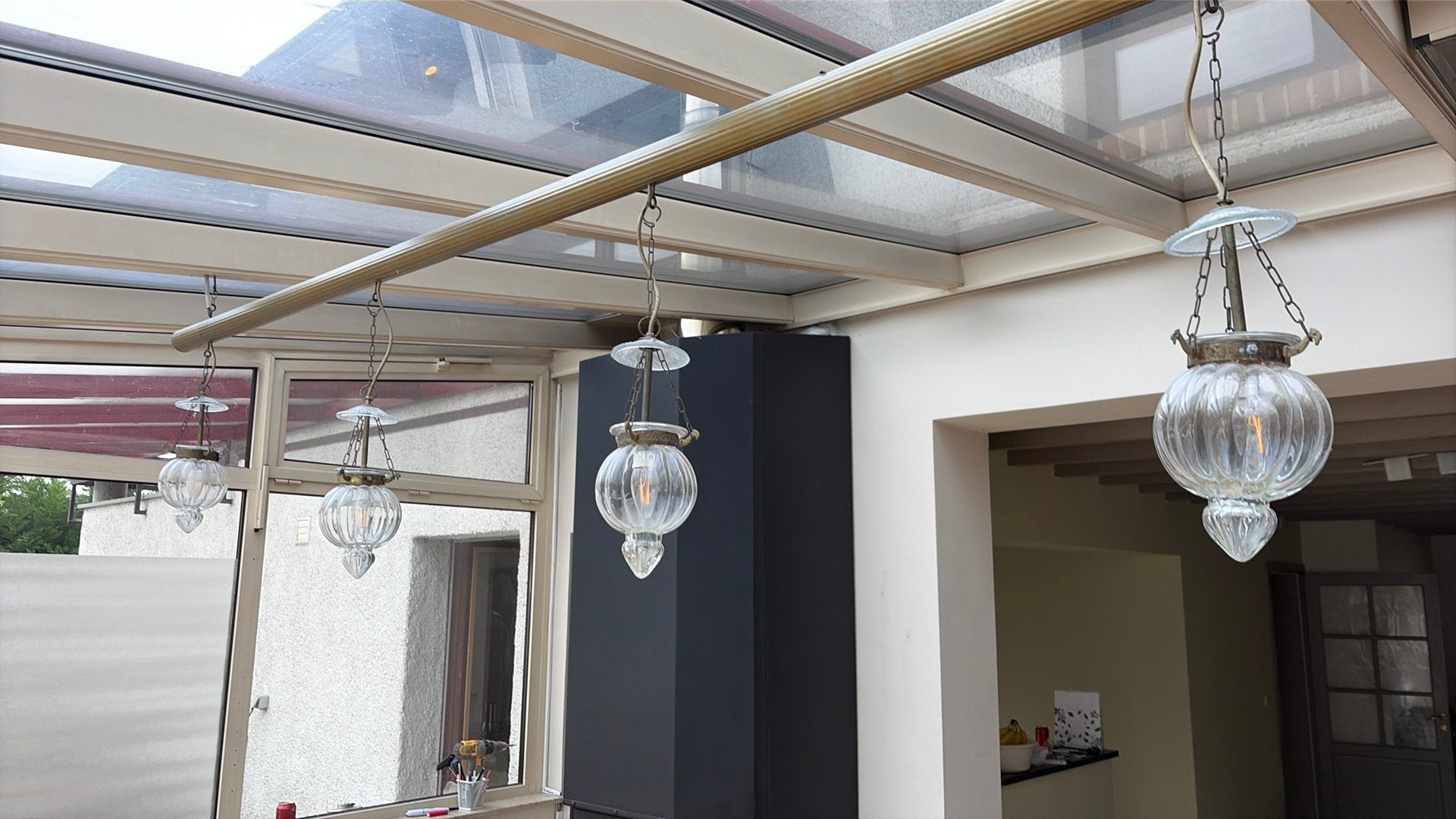 4 hanglampen, Enlèvement, Utilisé, Verre, Antiek