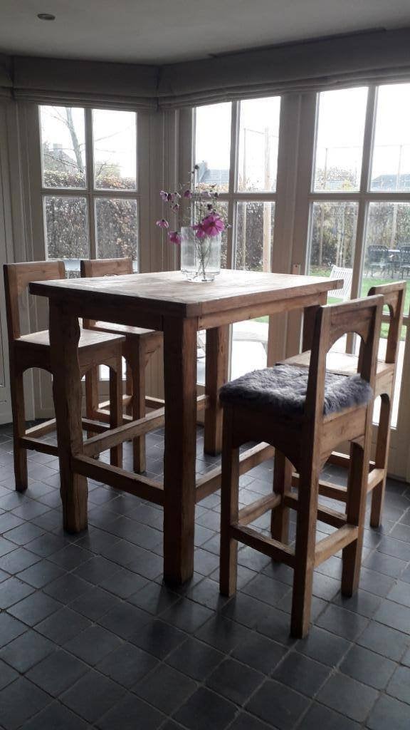 4 tabourets de bar, table haute de bar, vieux teck récupéré, Maison & Meubles, Enlèvement, Comme neuf, Y compris les chaises de bar