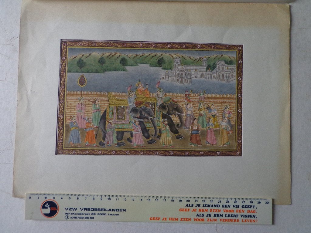 Fraaie Indiase miniatuurschildering op textiel 20ste eeuw, Antiek en Kunst, Kunst | Niet-Westerse kunst, Goud, India, Ophalen of Verzenden
