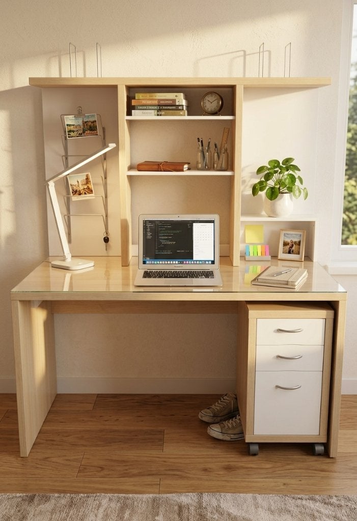 Complete Studeerplek: Bureau/opzetstuk/verrijdbaar Ladeblok, Huis en Inrichting, Bureaus, Ophalen, Gebruikt, Scandinavisch, Hout