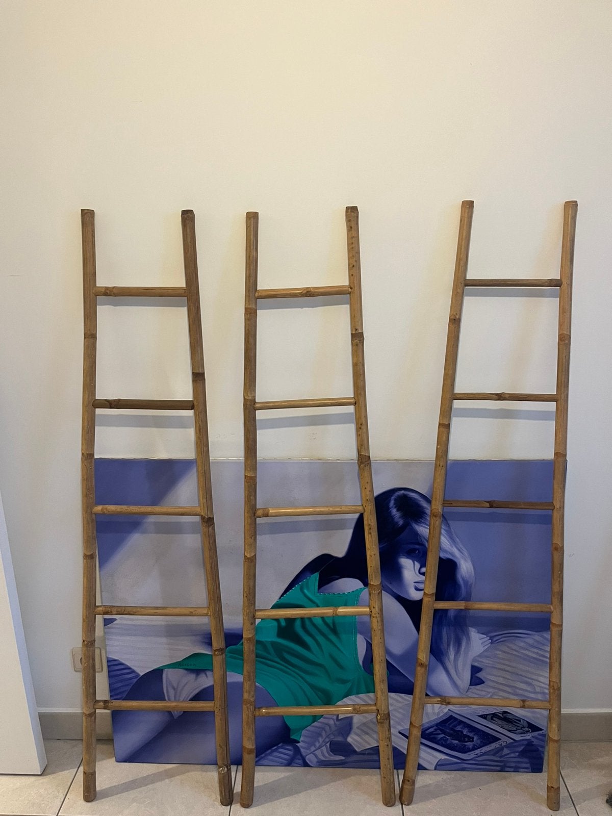 Lot de 3 échelles en bambou - porte serviettes - 150cm haut, Enlèvement, Comme neuf, Bois, Boho