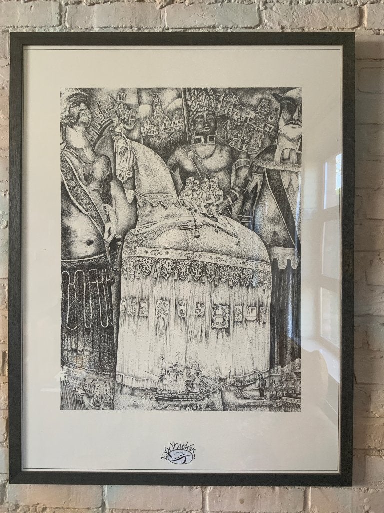 Pentekening E. De Backer Ros Beiaard, Reuzen Dendermonde, Antiek en Kunst, Ophalen, Tekening, Pentekening