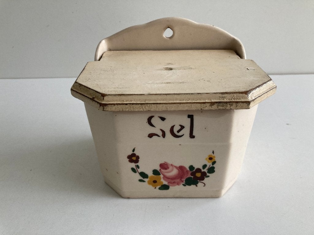 Antieke keramiek zoutpot met houten deksel ( Sel ) Boch, Antiek en Kunst, Ophalen of Verzenden