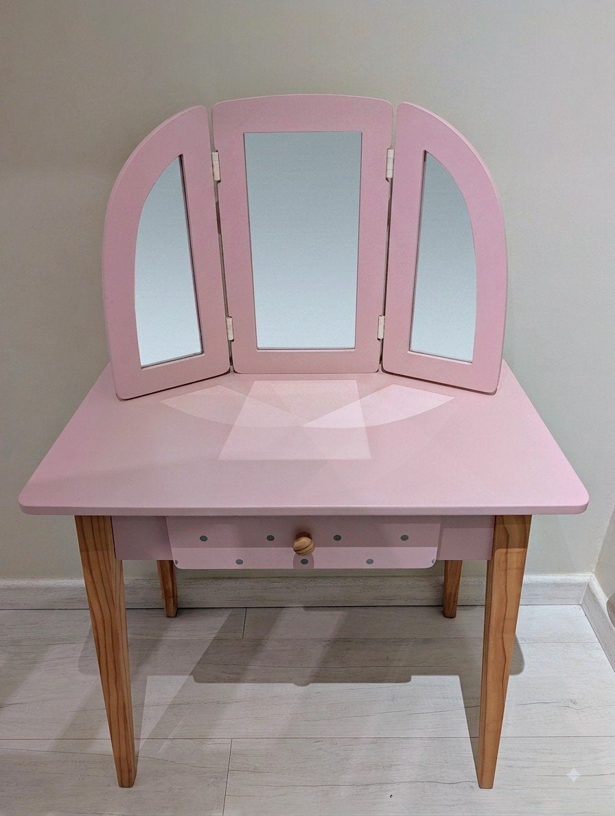 Coiffeuse enfant en sapin peint rose 3 miroirs, Maison & Meubles, Tables | Coiffeuses, Fille, Comme neuf, Enlèvement, 50 à 100 cm