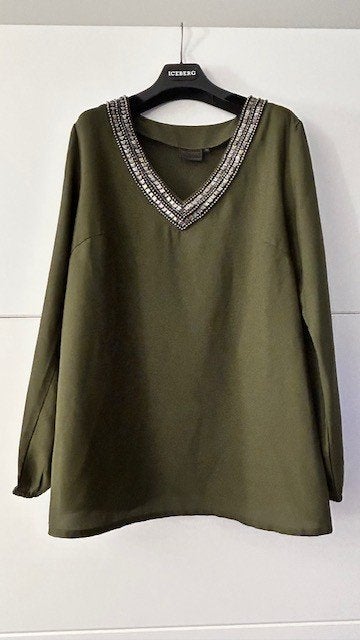 BPC Selection kaki blouse met steentjes en lange mouwen, Kleding | Dames, Blouses en Tunieken, Maat 46/48 (XL) of groter, Ophalen of Verzenden
