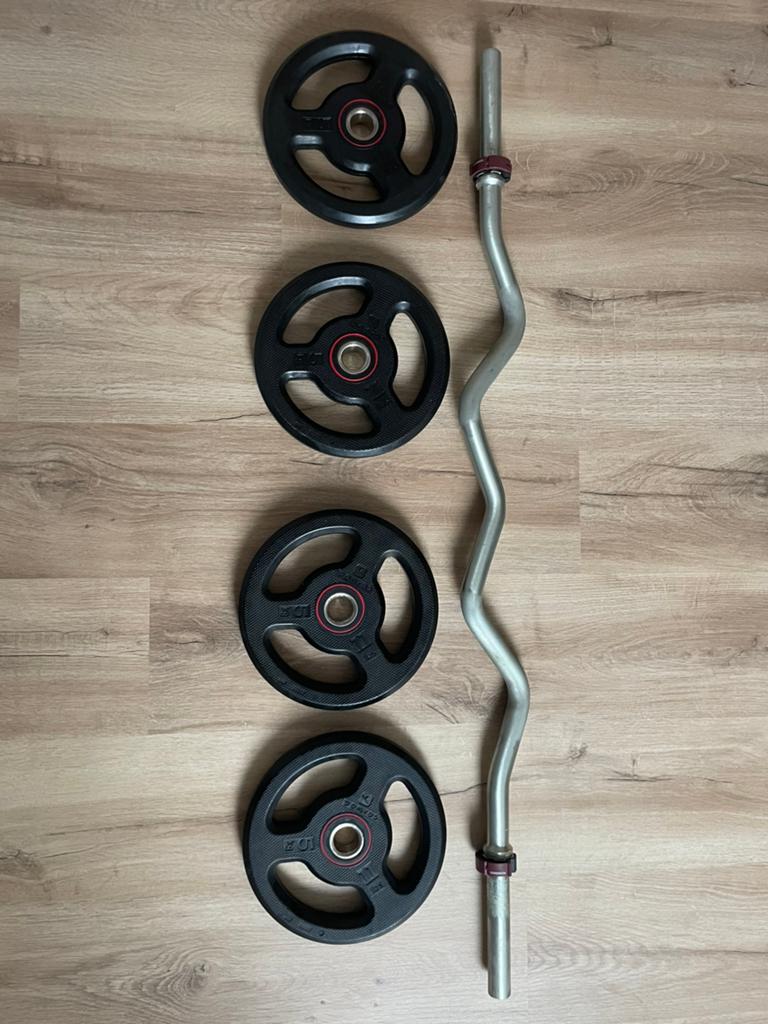 Barre curl Corength Décathlon + 4 disques 5 kg avec poignées, Sport en Fitness, Fitnessmaterialen, Ophalen, Zo goed als nieuw