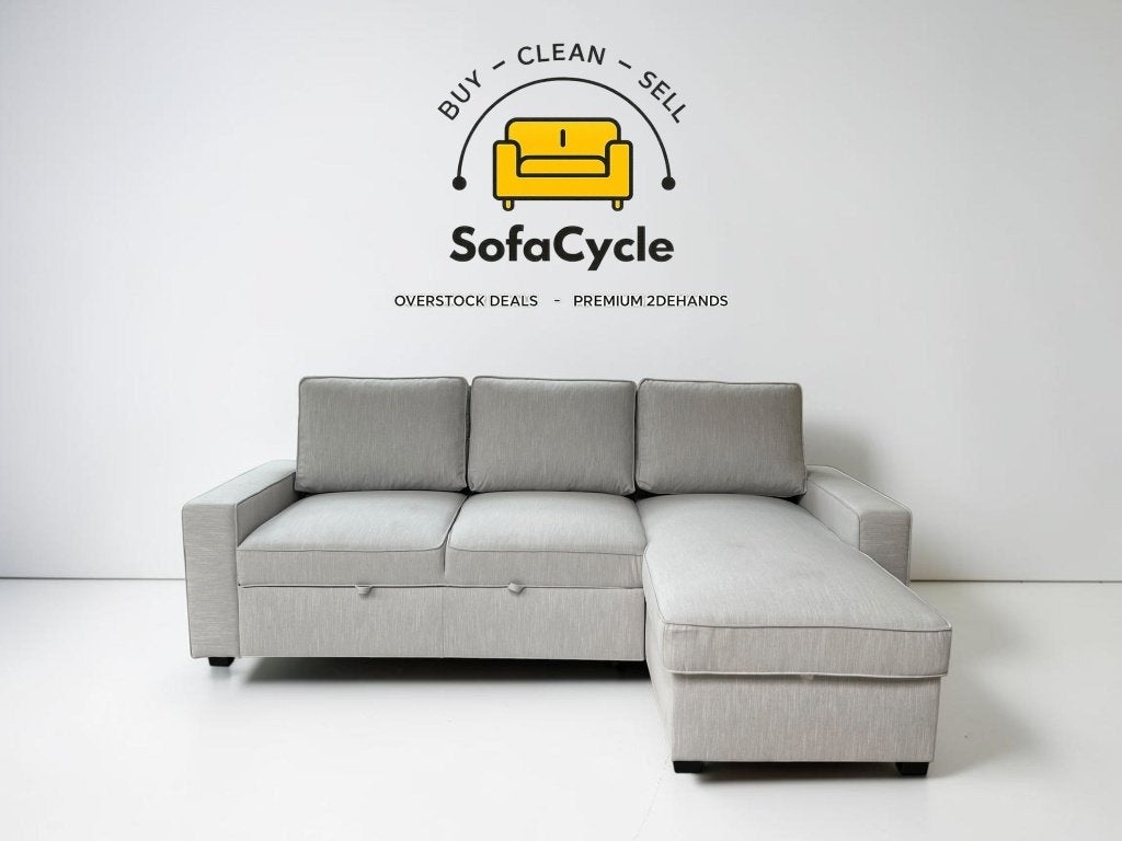 Hoekzetel lichtgrijs in stof met slaapfunctie, Huis en Inrichting, Nieuw, Stof, Zonnestraat 223-229, 9600 Ronse, België, Info@sofacycle.be