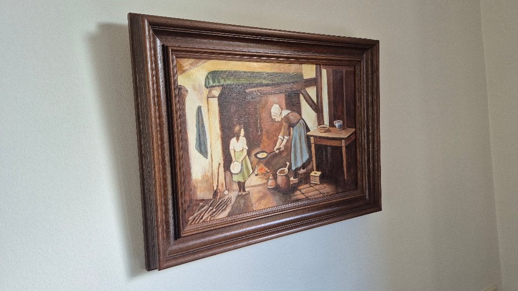 Schilderij met  " Nederlands Boereninterieur ", Antiquités & Art, Art | Peinture | Classique, Enlèvement ou Envoi, Classique, Peint à la main