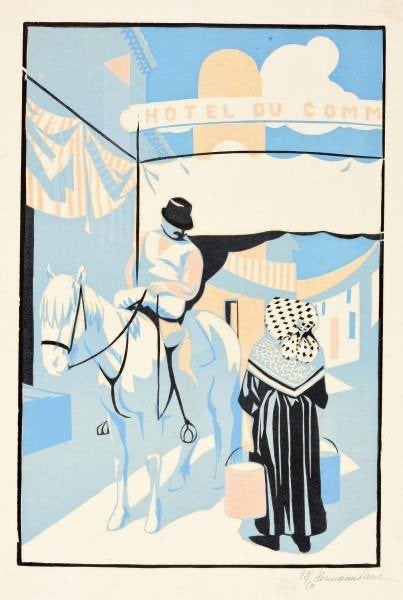 R. G. Hermann-Paul 1864-1940 HÔTEL DU COMMERCE art-deco, Dagelijks leven, 30 cm, Ophalen of Verzenden, Houtsnede